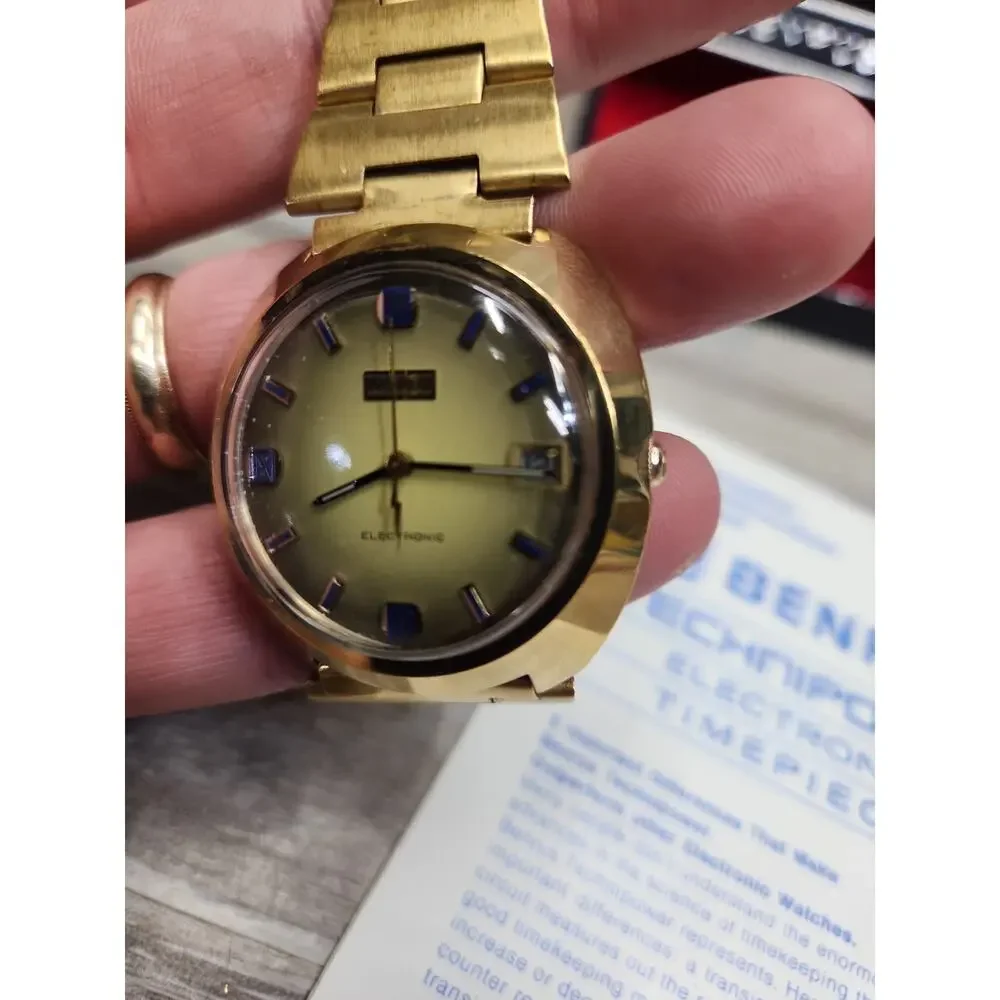 Vintage BENRUS Electronic Technipower Gold Tone Mens Watch, Box And Papers